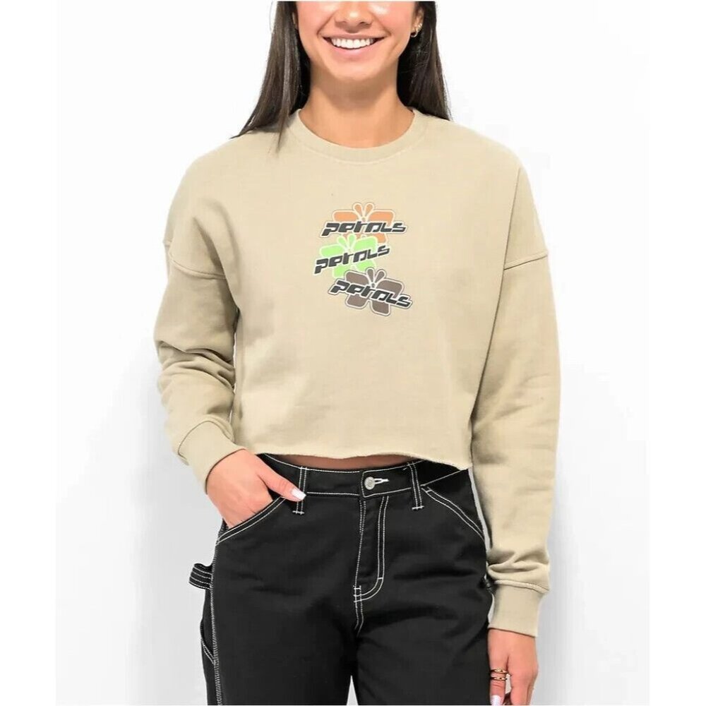 Petals by Petals & Peacocks Technobutterfly Olive Crop Crewneck Sweatshirt NWT M